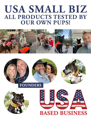 Promotional graphic for a USA-based small business with dog-themed products, featuring people and dogs.