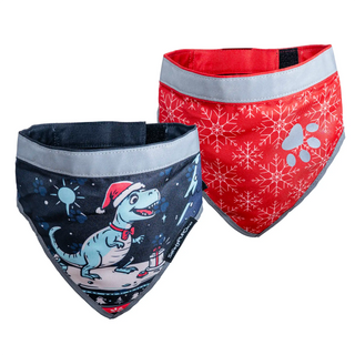 Two dog bandanas with festive designs on a white background