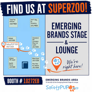 A branded event map graphic for SafetyPUP XD at SuperZoo, showing booth #10272EB on a light blue map panel with paw prints and venue text on the right side.